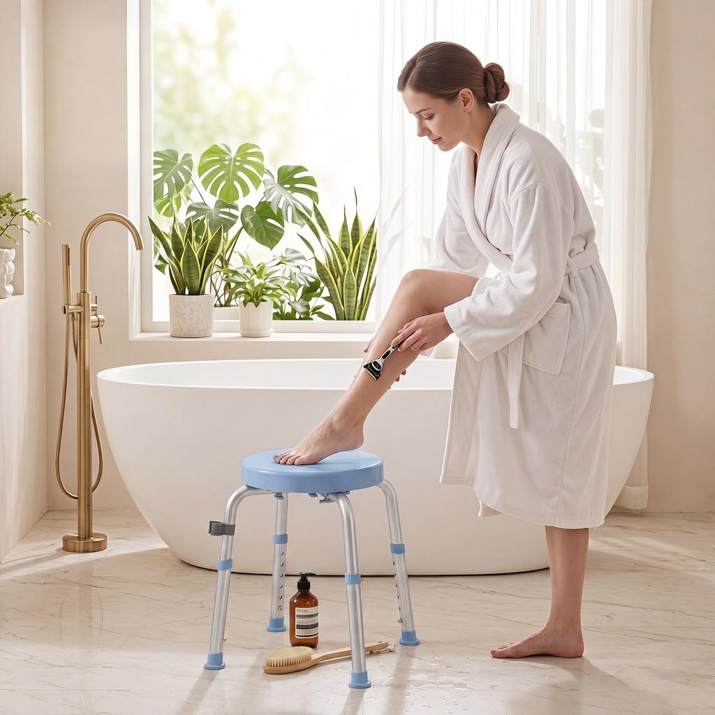 360 Degree Rotating Shower Stool Aluminum Frame 5 Level Adjustable Height Light Blue