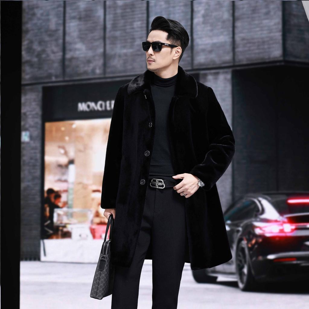 Haining Mink Coat for Men, Winter Imitation Mink Coat, Lapel, Mid-length Imitation Fur, Mink Down, Large-sized Men's Clothing, Thickened
