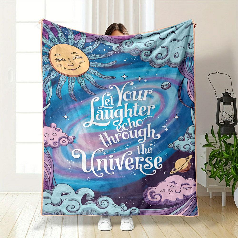 A Whimsical Cosmic Scene with Smiling Celestial Bodies and Flowing Clouds. for All Seasons Blanket Lunch Break Throw Gift 75X95CM