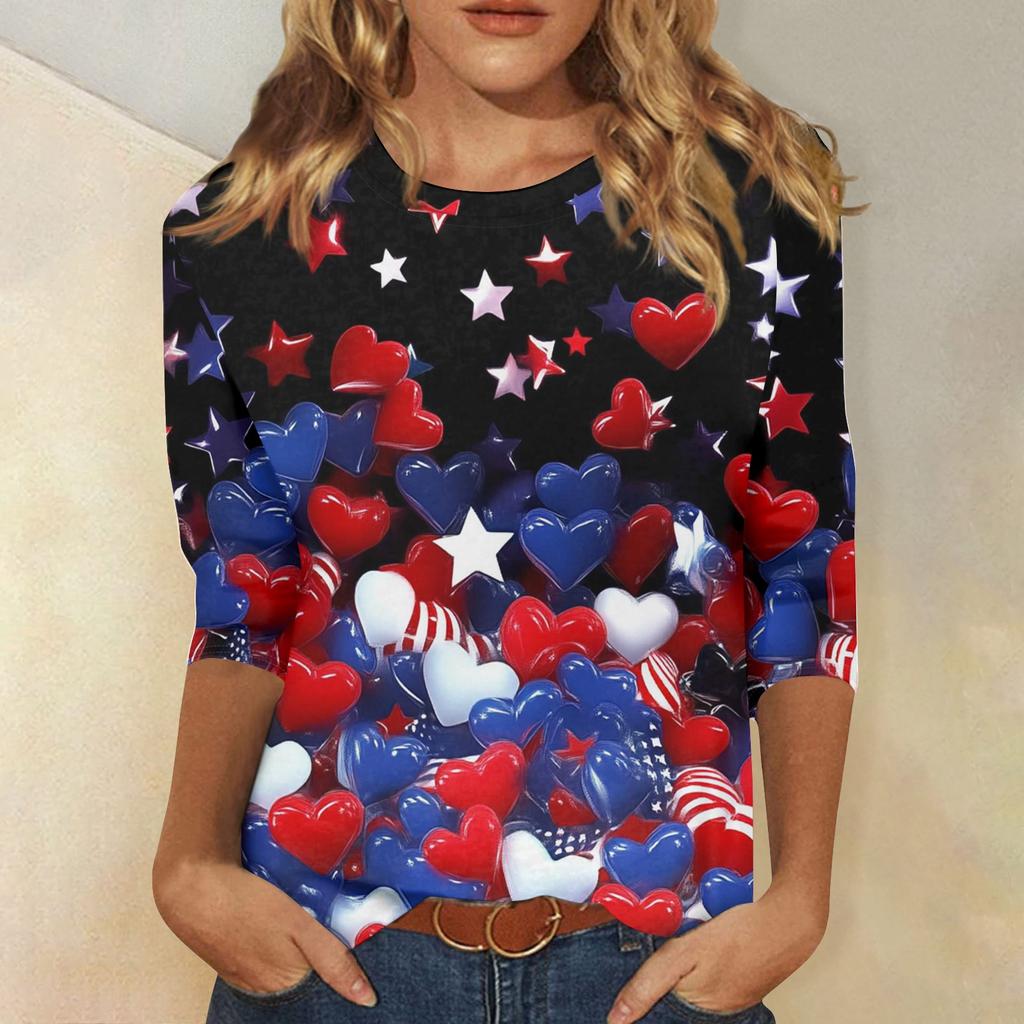 Women's Fashion Casual Round Neck 3/4 Sleeve Loose T-Shirt Ladies Top