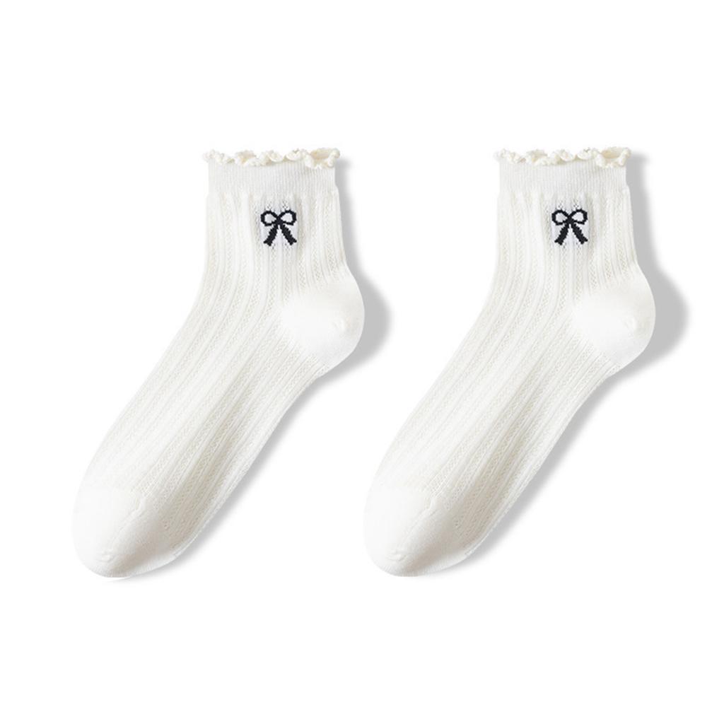 Women’s Lightweight Mesh Ankle Socks Breathable Lace Trim Crew Socks with Bow Embroidery and Hollow Out Design for Everyday Wear