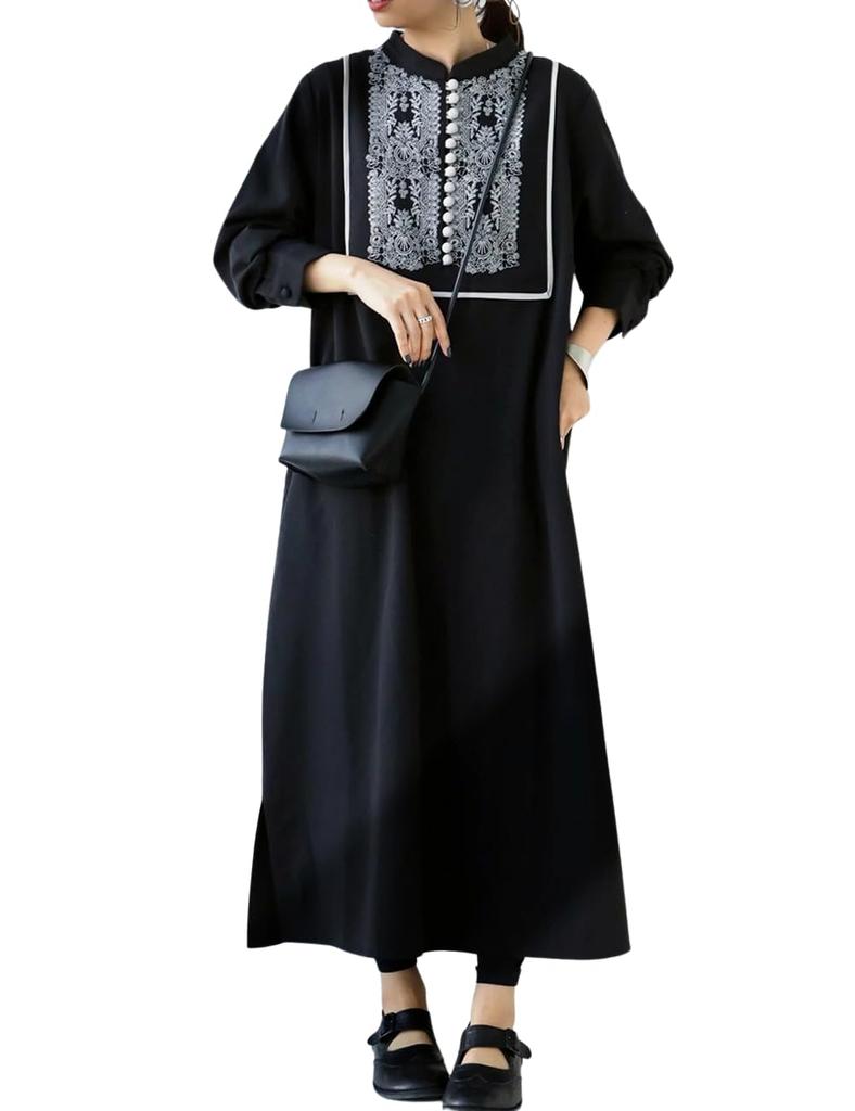 Antiqua Embroidered Long Free Size Black Women's Dress, Sleeve, UK-00121, 05,