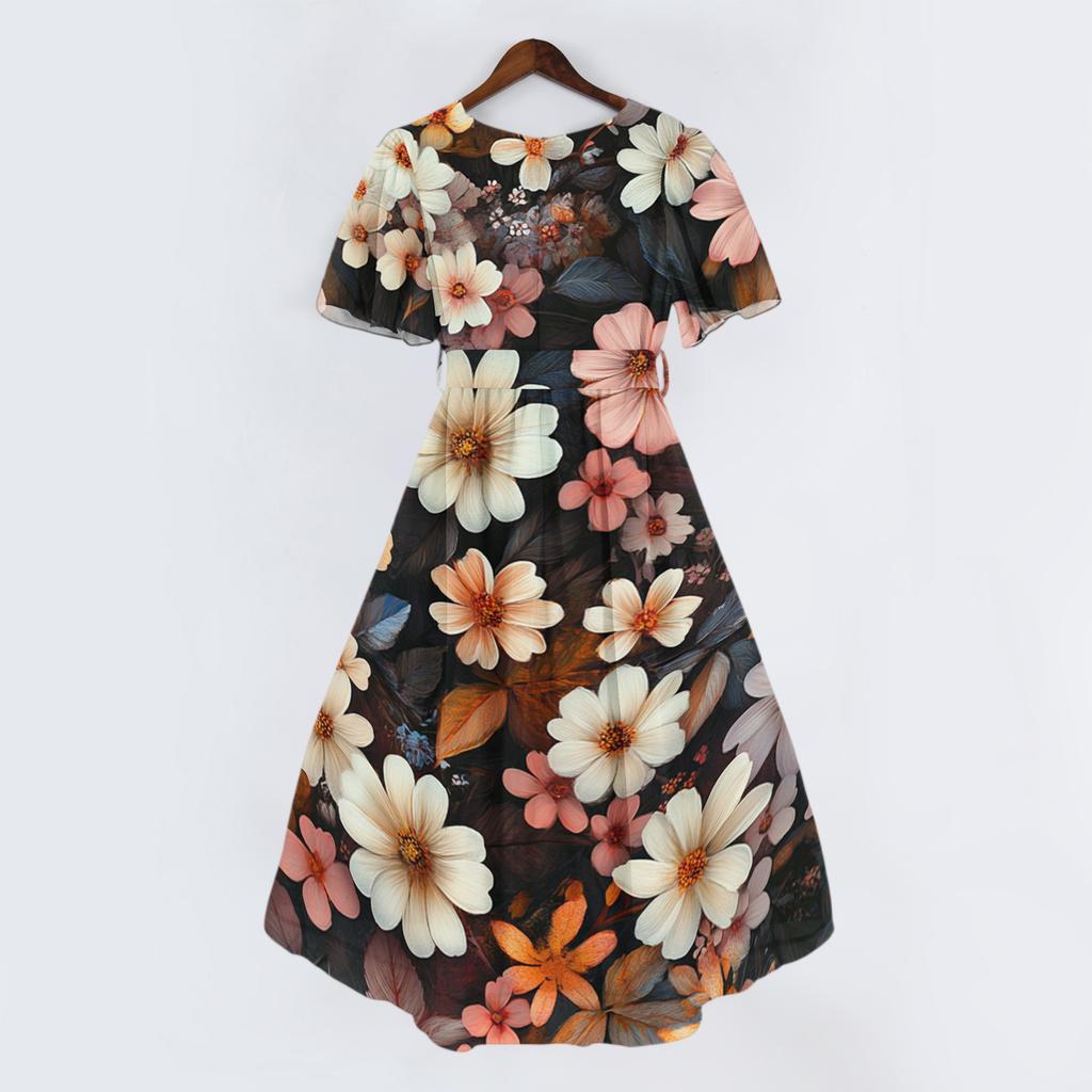 Women V Neck Short Sleeve Casual Dress Floral Print Vintage Style Midi Dress Lightweight Summer Dress for Daily Wear