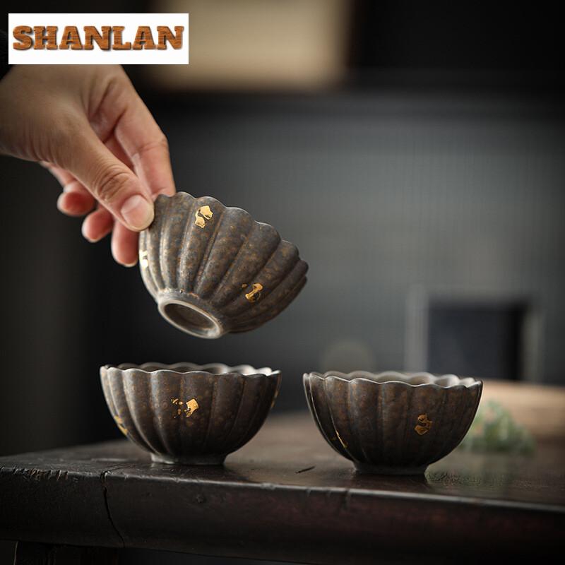 Handmade Gold Pointing Gilded Glazed Teacup Retro Ceramic Master Cup Tea Cushion Personal Single Tea Bowl Base Kung Fu Teaware
