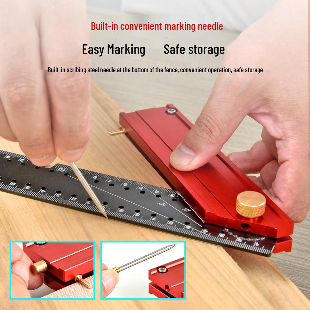Foldable Multifunction Right Angle Woodworking Ruler with Corner Support and Hole Marking.