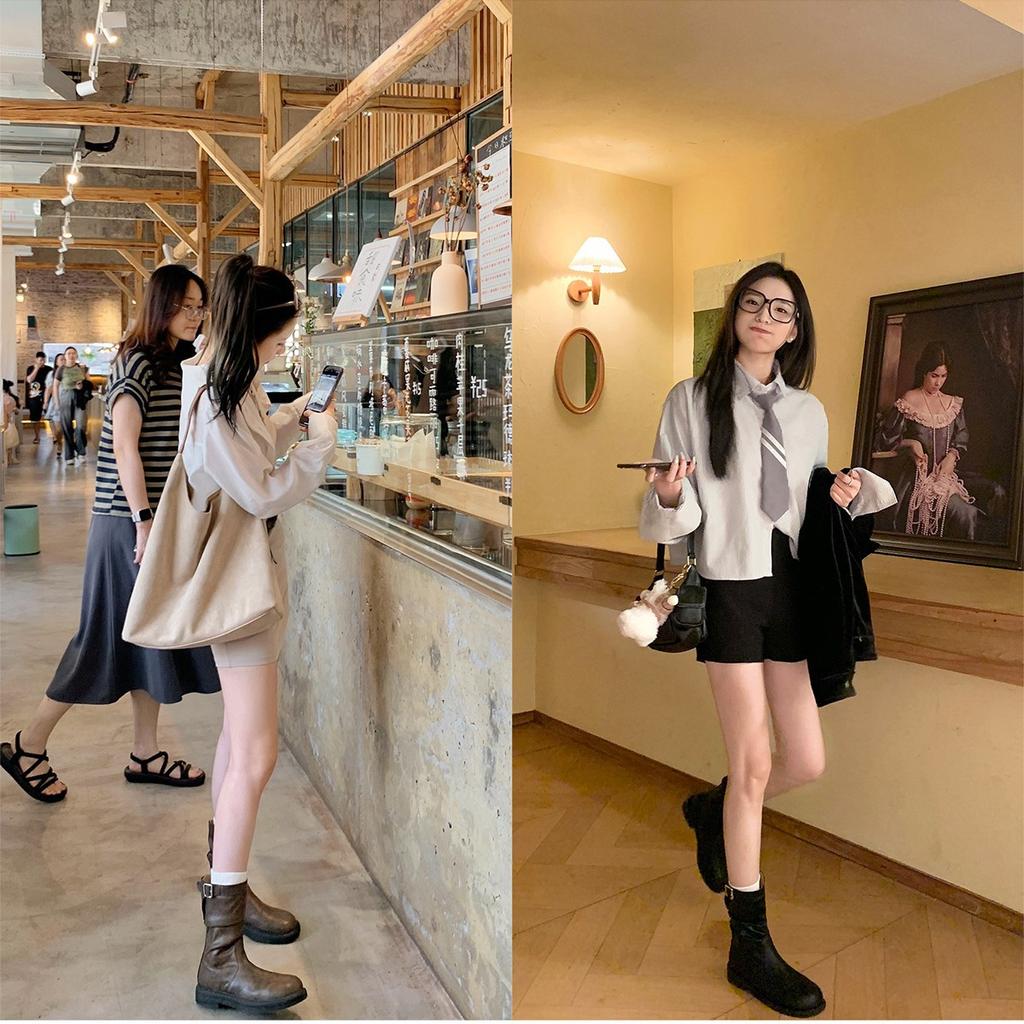 Cowhide~ Grape Mom retro round head belt buckle pleated pile medium boots thick heel thick sole knight boots short boots women