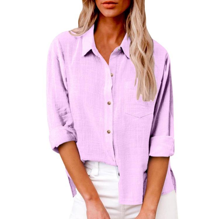 Spring Fall Lapel Long Sleeve Blouse Women Tops Solid Color Cotton Linen Button Up Shirt with Pocket