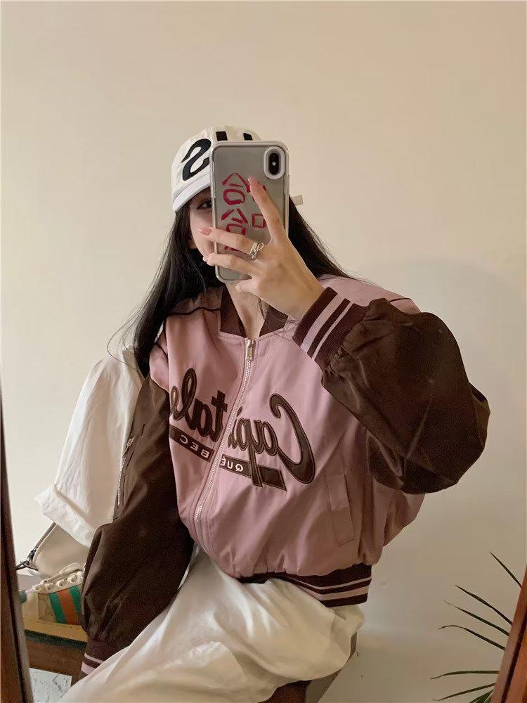 Plus Size Pink Retro Baseball Jacket for Petite Women - Spring & Autumn
