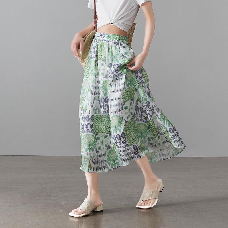 SOFSIL 2026 Summer Ramie Printed A-Line Mid-Length Skirt 29/XL