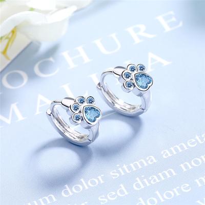 Pendiente tipo botón de plata fina 925, pendientes con diseño de garra de gato de circonita azul para mujer y niña, joyería para las orejas, nueva moda 2021