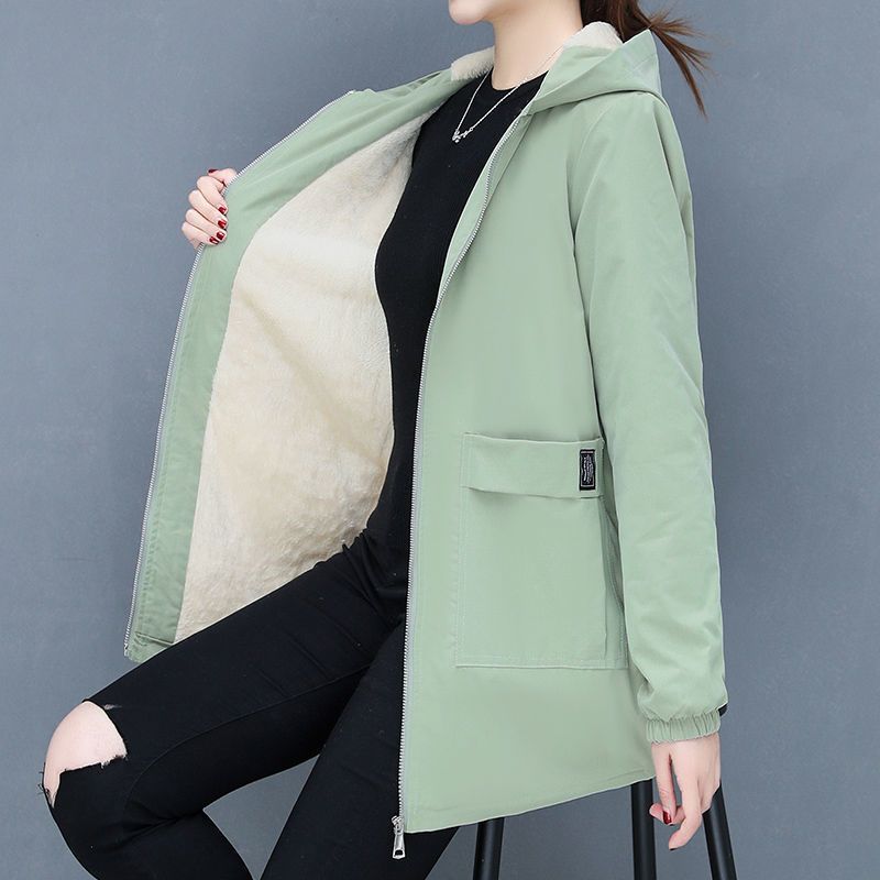 Winter Solid Color Hooded Long Sleeve Fashion Windbreaker Women High Street Casual Zipper Patchwork Thick Warm Chic Outwear