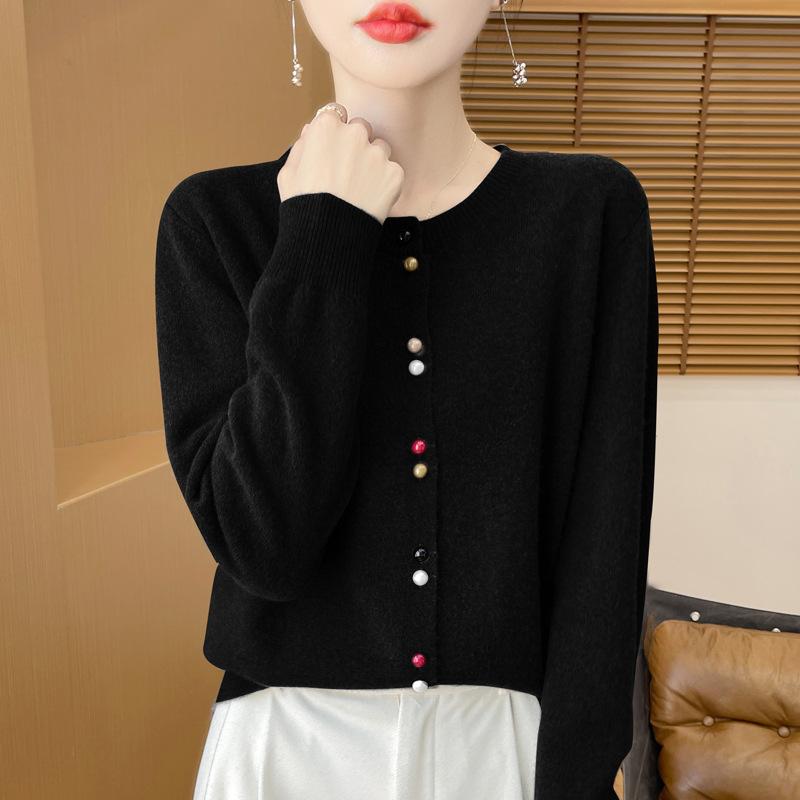 Spring and Autumn New Andy Velvet Cardigan Color Button Knitted Cardigan Women's Crew Neck Loose Sweater Jacket Soft Waxy Versatile Top