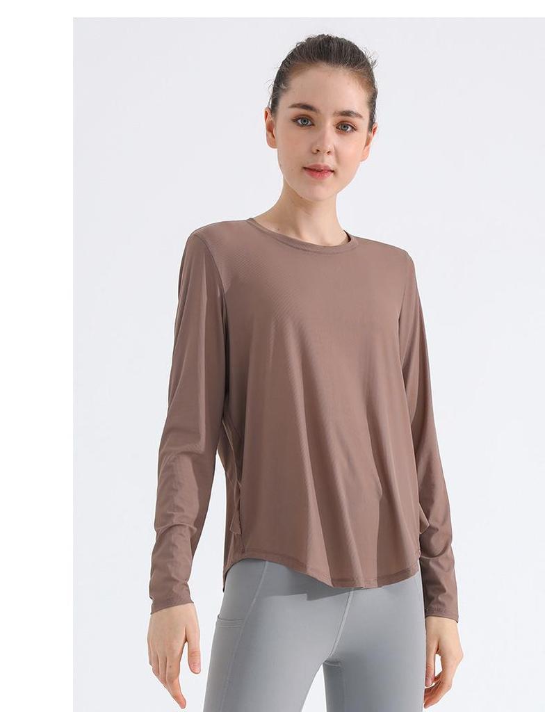 Women's Breathable Long Sleeve Round Neck Yoga Top - Slim Fit Running Fitness T-Shirt