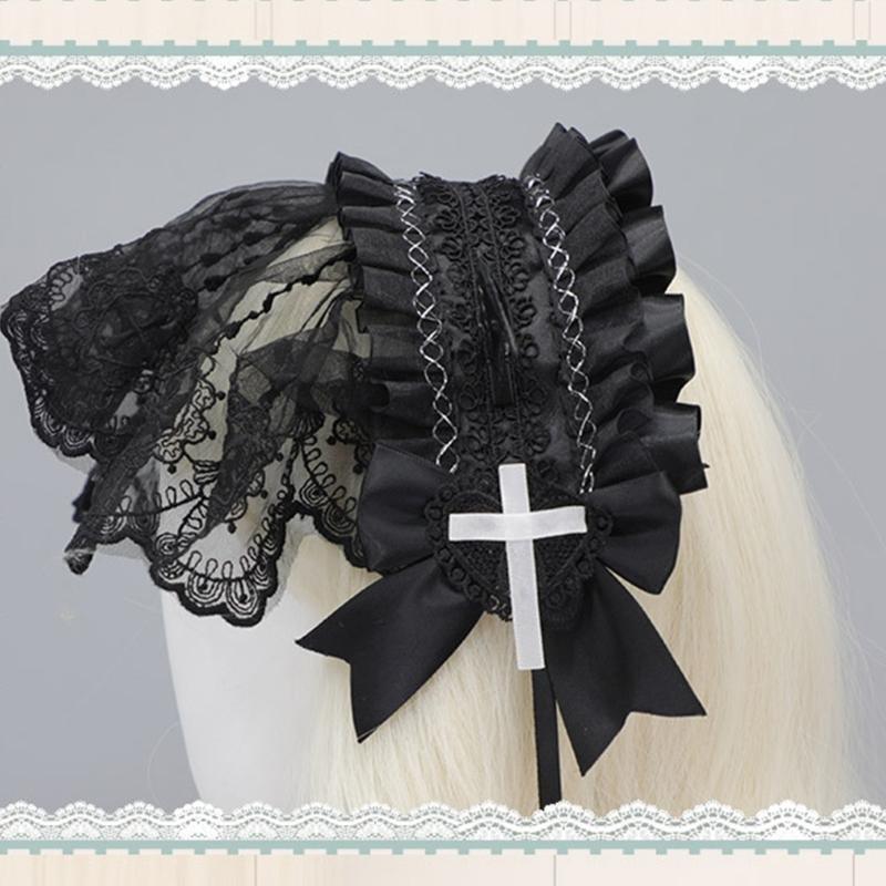 Girl Bowknot Headbands with Pleated Lace Halloween Photography Hair Hoop