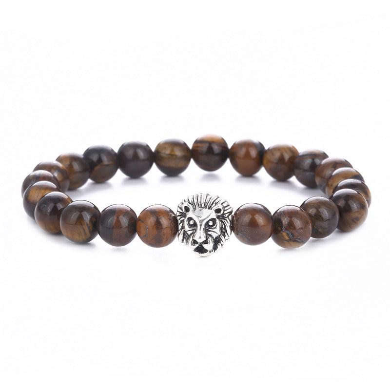 Lion Head Beaded Bracelet with 8MM Tiger Eye Stone and Alloy Accents