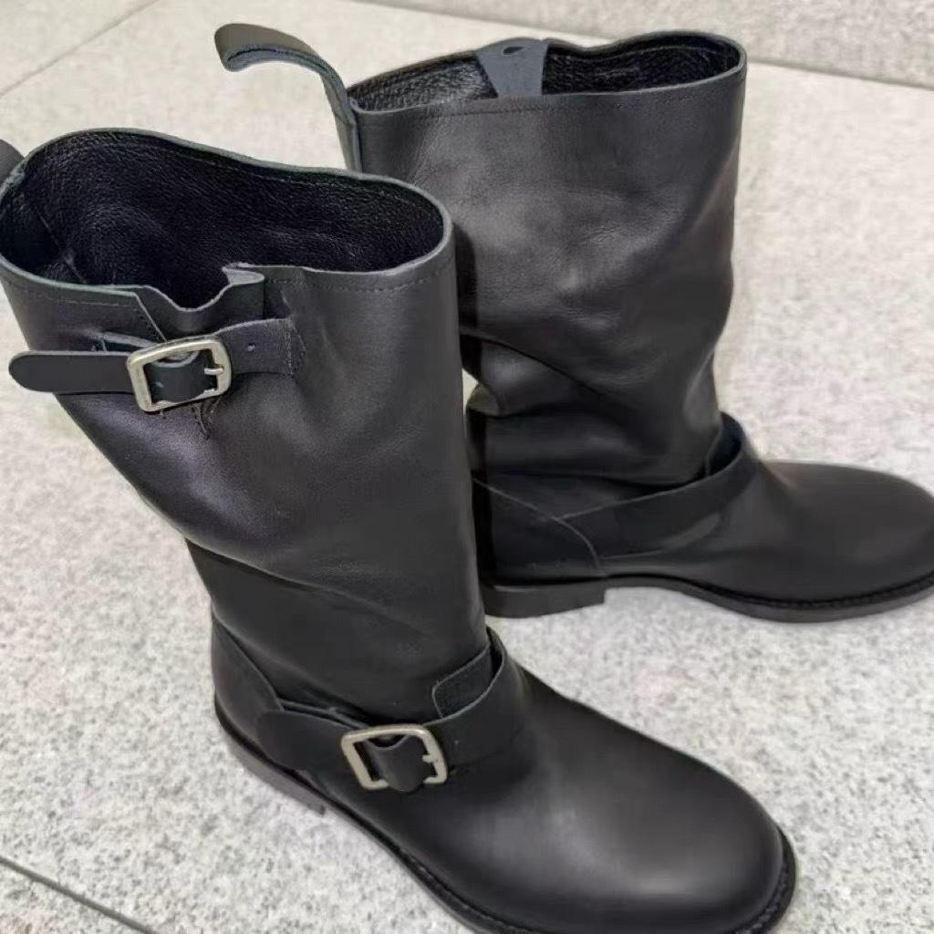 Versatile Round Head Belt Buckle Sleeve Martin Boots Autumn and Winter Leather Soft Leather Comfortable Knight Boots Women