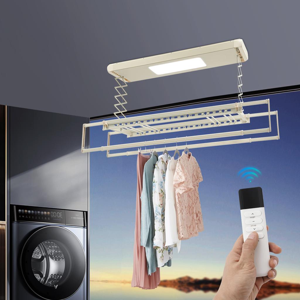 Retractable Electric Clothes Drying Rack with LED Light & Remote, 8-Rod Ceiling Mounted Laundry Airing Rack, 35kg/77lbs Capacity