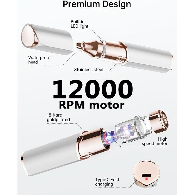 Facial Hair Removal for Women, 2-in-1 Electric Eyebrow Trimmer with LED Light, Rechargeable Hair Removal Device Face Shaver Facial Hair Remover for