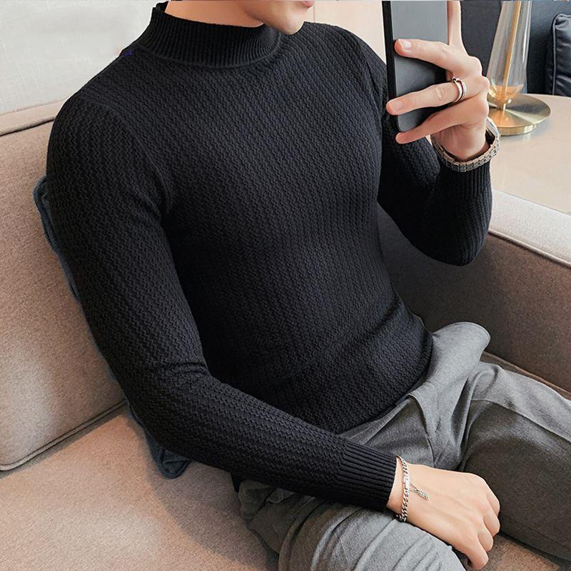 Trend Fashion Autumn Winter Sweaters Men Solid Mock Neck Thicken Smart Casual Long Sleeve Pullovers Bottoming Shirt Knitted Tops