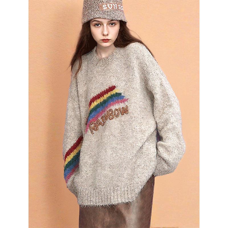 New Autumn/Winter Women's Loose Knitted Sweater - Rainbow Pattern Round Neck Embroidered Soft and Comfortable Knitted Top