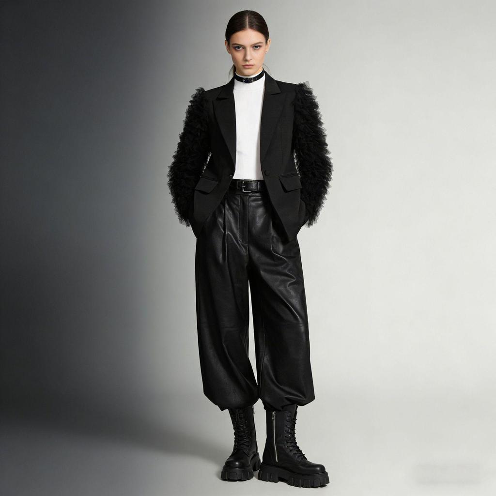 2026 Spring Women's Retro Pleated Mesh Spliced Suit Jacket