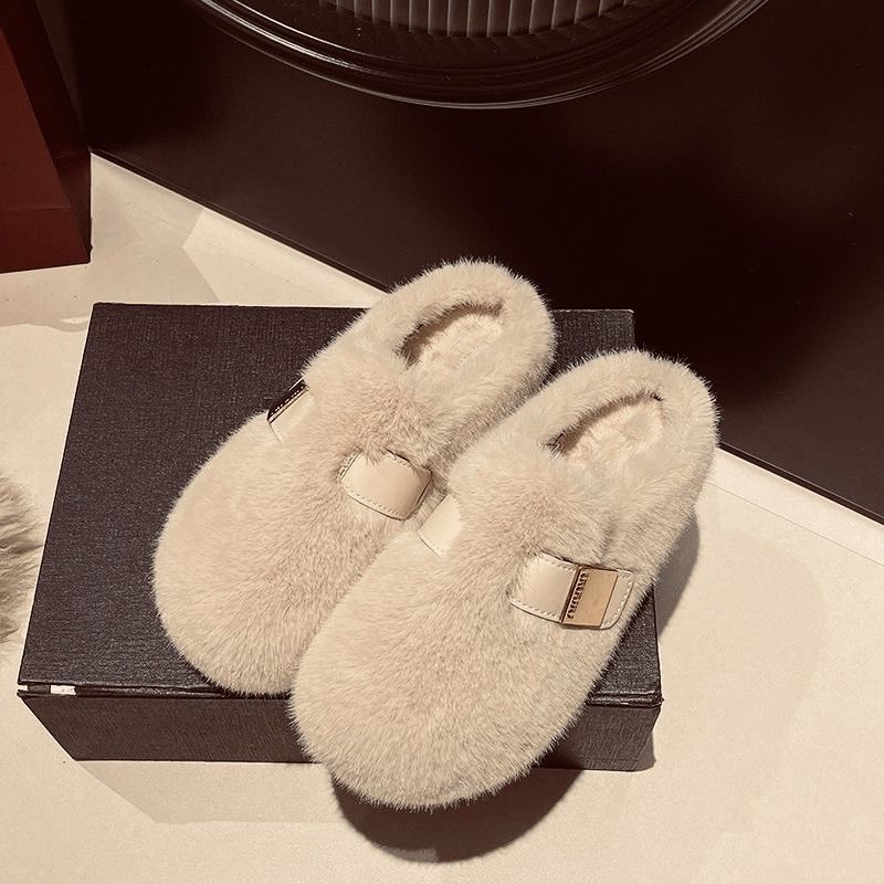 Retro fluffy slippers women's 2025 new autumn and winter soft bottom outer wear crystal plush versatile cotton drag women
