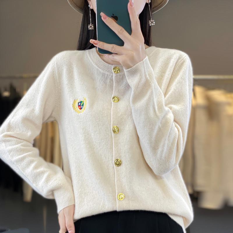 100% Wool Women's Embroidered Knit Cardigan - Spring Long Sleeve, Versatile, Thin, Solid Color