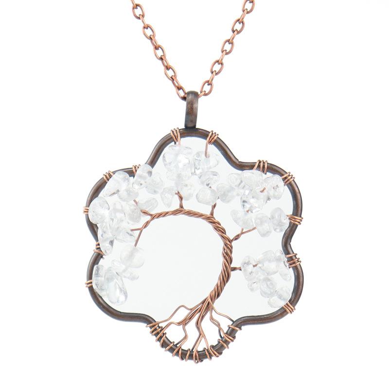 Vintage Sunflower Hand-Wound Tree of Life Necklace with Crushed Stone Crystal Pendant