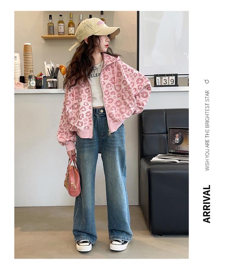 Big Girls' Stylish Leopard Print Cardigan Hoodie - Spring/Autumn 2025