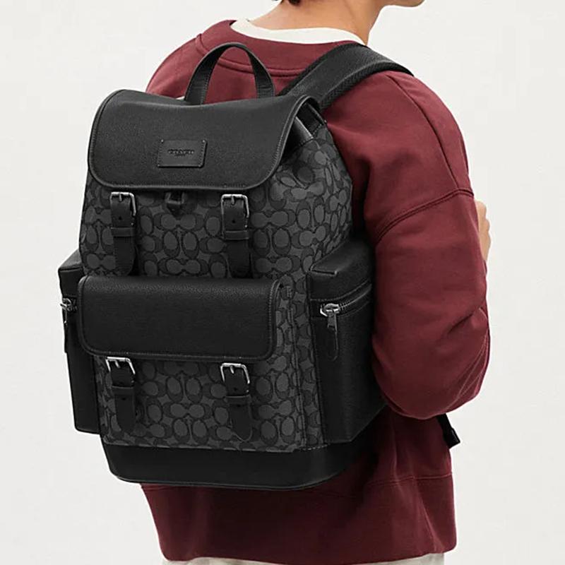 Coach Sprint 29 Drawstring And Buckle Closure Leather And Fabric Backpack Large Men Backpack Charcoal-Gray Black CT016-SVO1U