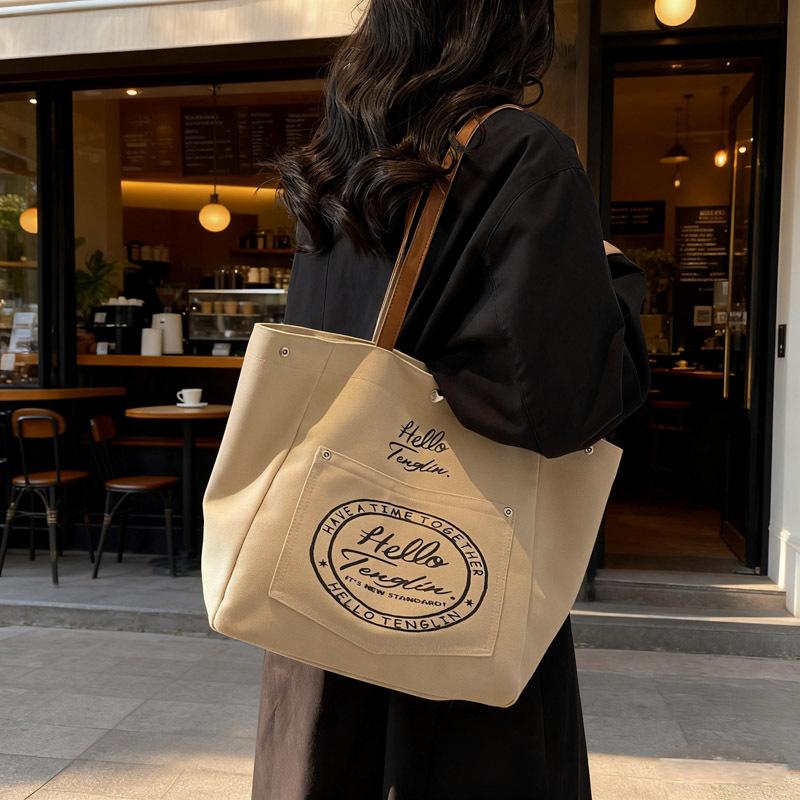 Fashi Korean Style Large Capacity Canvas Top Handle Bag Texture Simple Shoulder Bag for Women with Letter Print Storage Bags