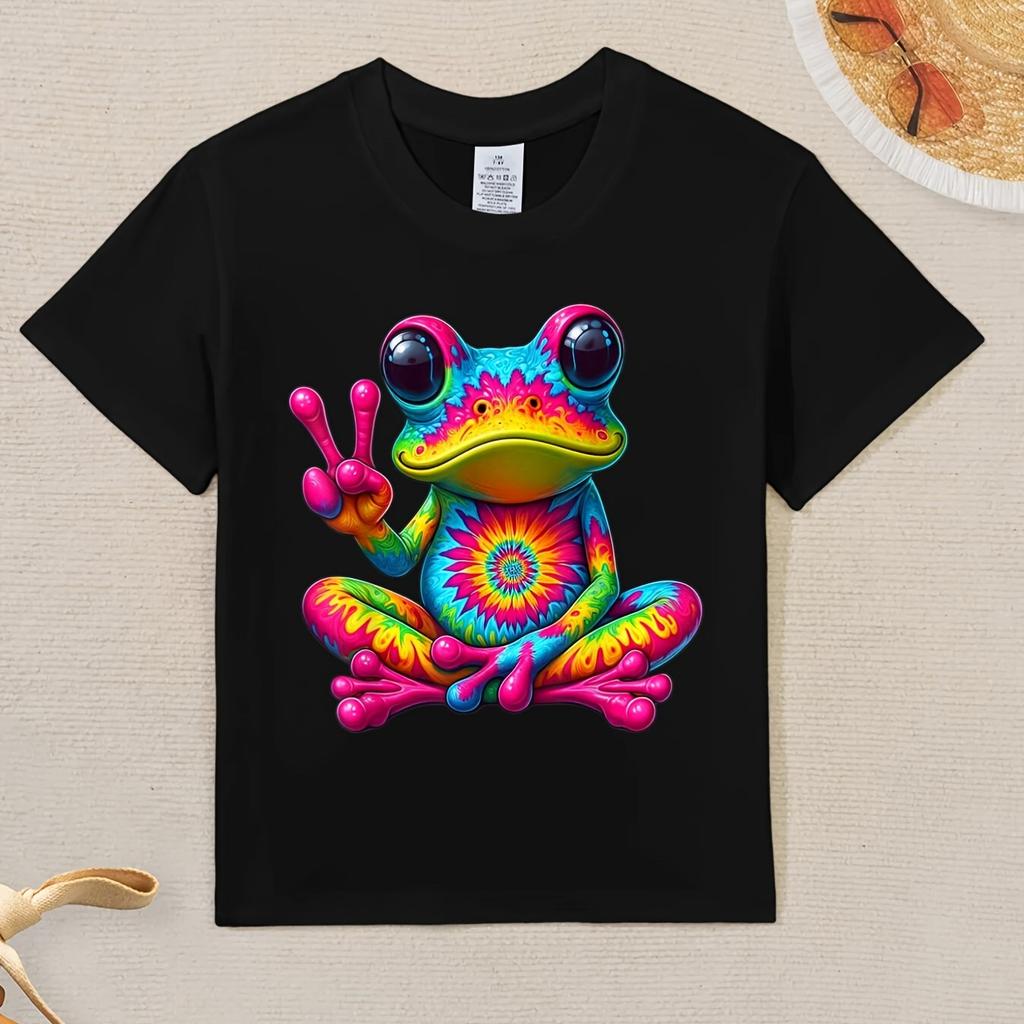 Children Crew Neck Short Sleeve T-Shirt with Colorful Frog Gesturing Yeah Print