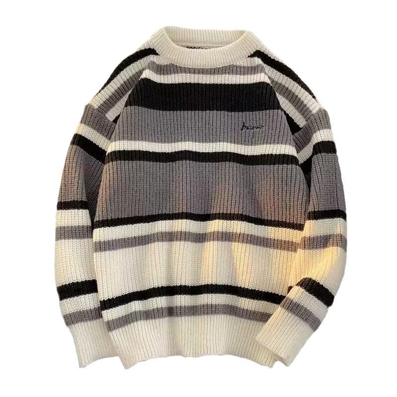 Sweater Men's Japanese retro striped contrasting bottoming sweater, thread sweater, thickened trendy brand loose knitted sweater jacket in autumn 