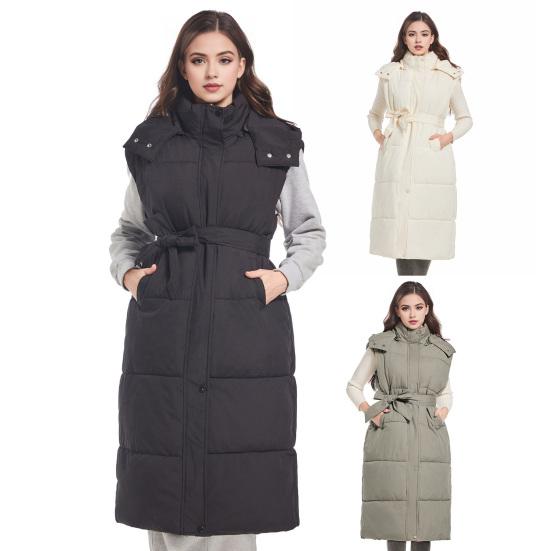 Yousheng Winter Women Vest Coat with Belt Padded Stand Collar Sleeveless Calf Length Down Waistcoat Zipper And Button Closure Cold Weather Outerwear