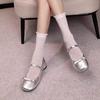 Spring and Autumn Versatile Two Wear Thick Heel Round Head Silver Mary Jane Shoes Retro Bow Light Mouth Single Shoes Women