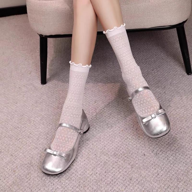 Spring and Autumn Versatile Two Wear Thick Heel Round Head Silver Mary Jane Shoes Retro Bow Light Mouth Single Shoes Women