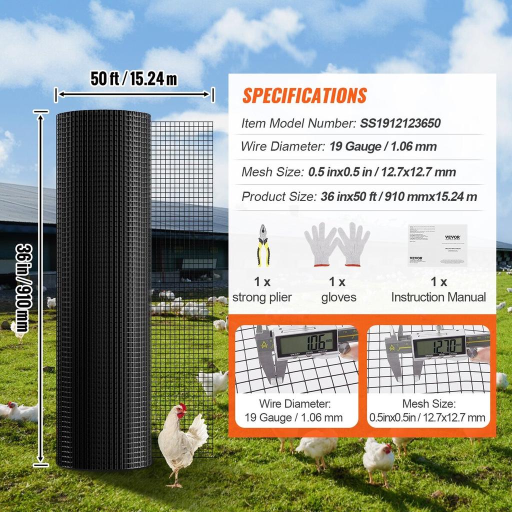Hardware Cloth, 36'' x 50' Galvanized Wire Mesh Roll, 19 Gauge Chicken Wire Fence Roll, Vinyl Coating Metal Wire Mesh for Chicken Coop Barrier, Rabbit