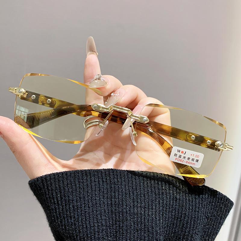 

New Fashionable Frameless Square Reading Glasses With Cut Edges Anti Blue Light Night Vision Glasses Stylish Women Eyewear +4.0