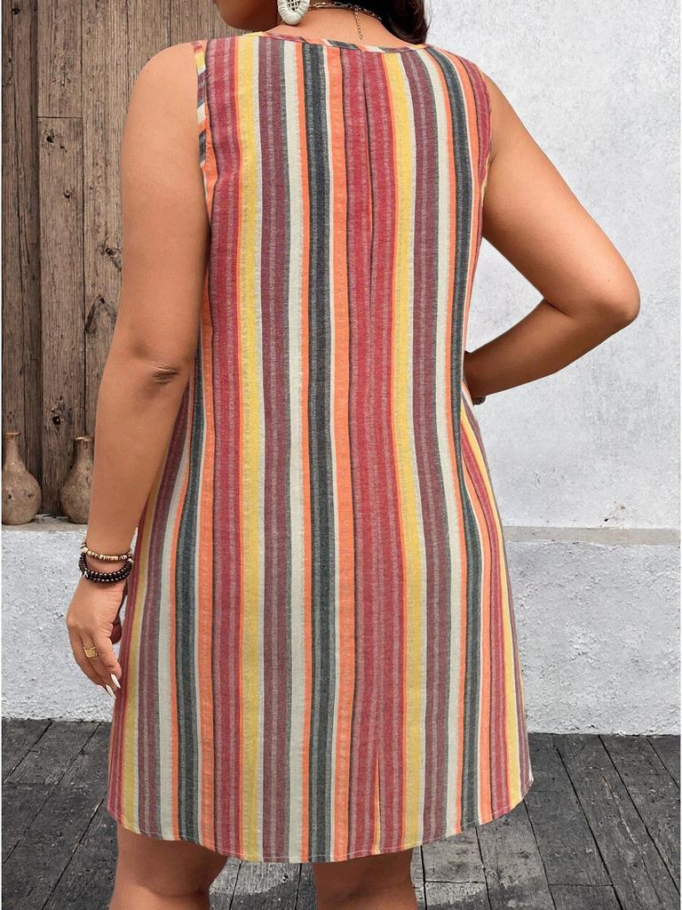 2026 Summer Fashion: Striped Sleeveless Dress with Button Pockets, Women's Casual European & American Style.