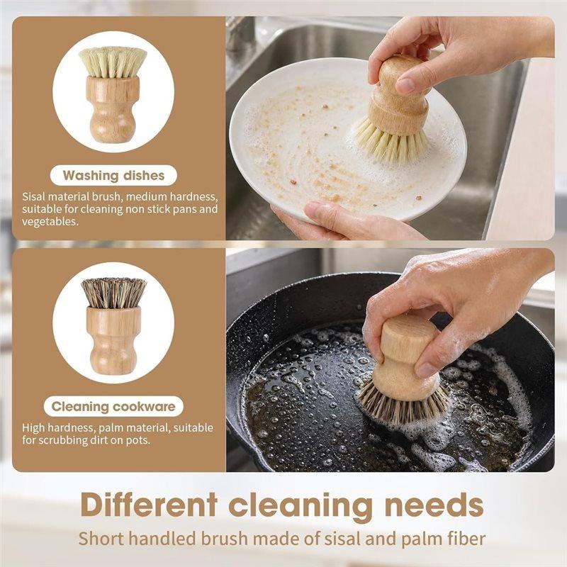 ABYN-6 Pack Bamboo Dish Brush & Sponge Set, Wooden Handle Kitchen Scrub Brushes, Multi-Purpose Dishwashing Cleaner