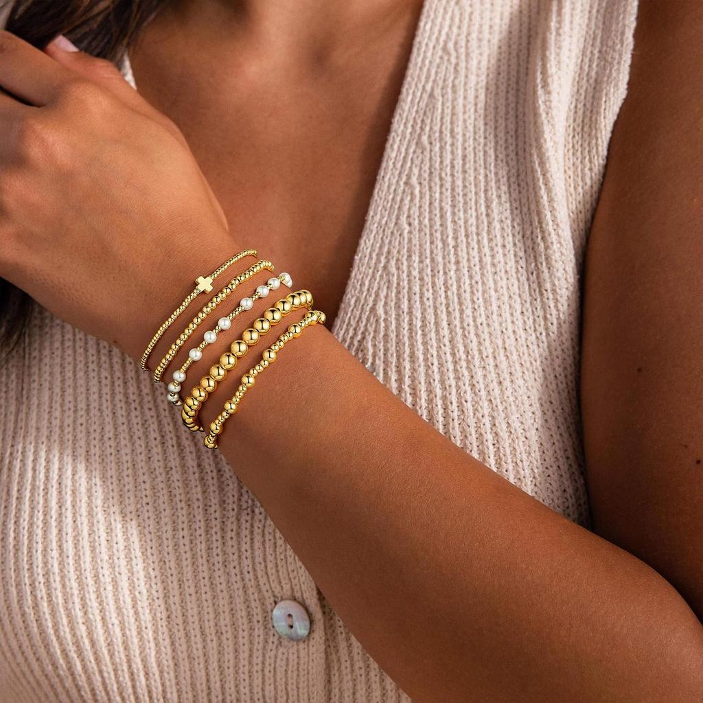 M MOOHAM Gold Beaded Bracelet Set for Women, Pearl Cross Stackable Jewelry | 14K Gold Plated Beaded Bracelets Set, Adjustable Stretch, Non Tarnish