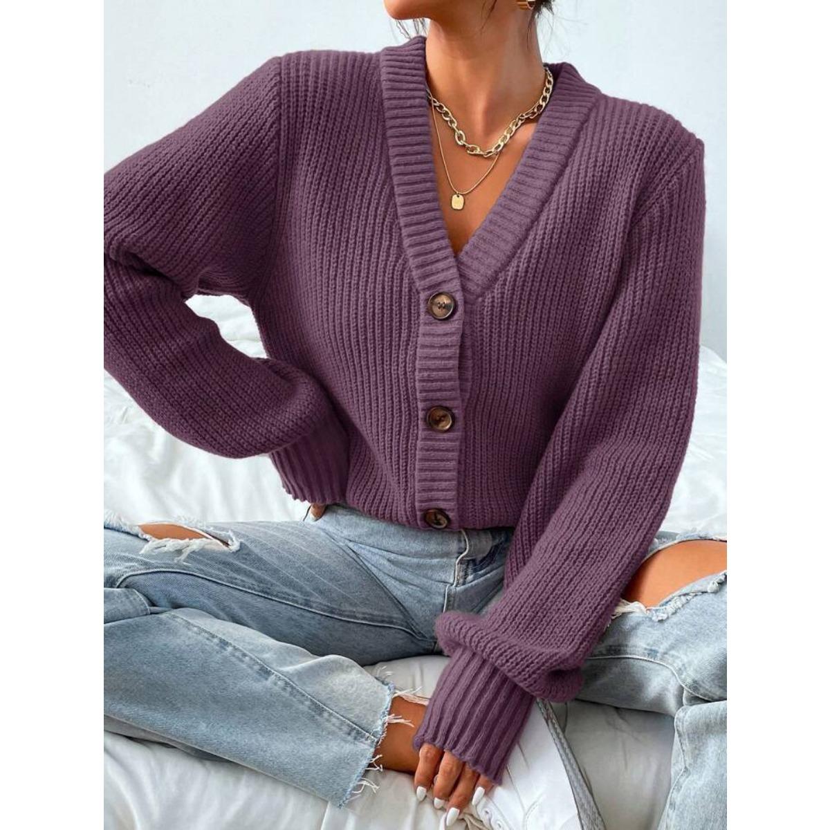 

Autumn and Winter New V-neck Women s Loose and Versatile Knitted Cardigan Sweater with Lazy Style S фиолетовый