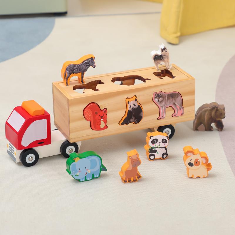 Transport Vehicle Engineering Vehicle Excavator Large Truck Cognitive Animal Vehicle Wooden Car Model Taxi Toy Car For Kids B174