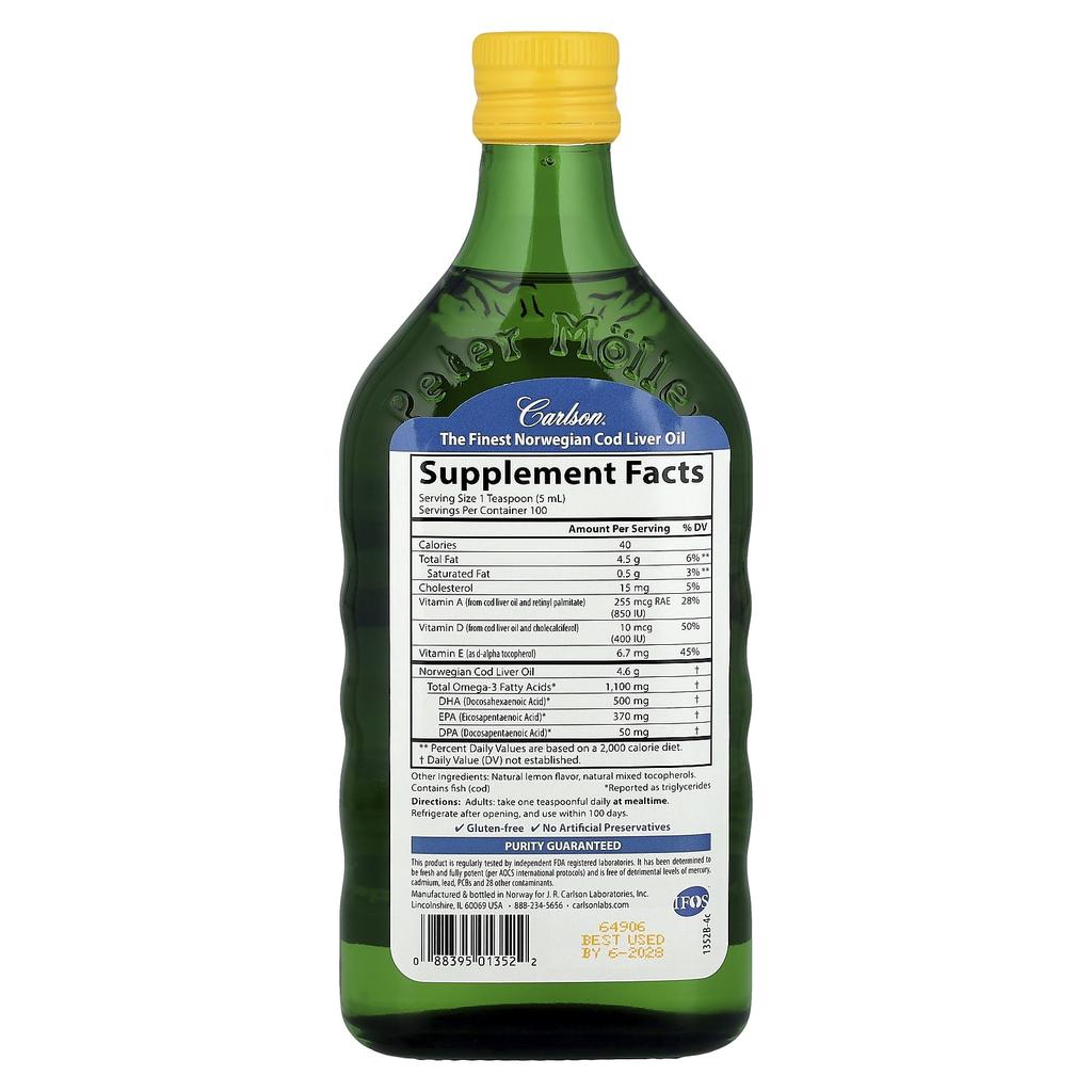 Norwegian Wild Cod Liver Oil, Natural Lemon Flavor, 500 Ml (16.9 Fl Oz)