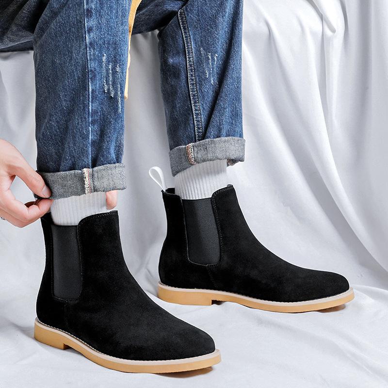 England Style Mens Casual Chelsea Boots Black Beige Cow Suede Leather Shoes Cowboy Ankle Boot Breathable Handsome Short Botas