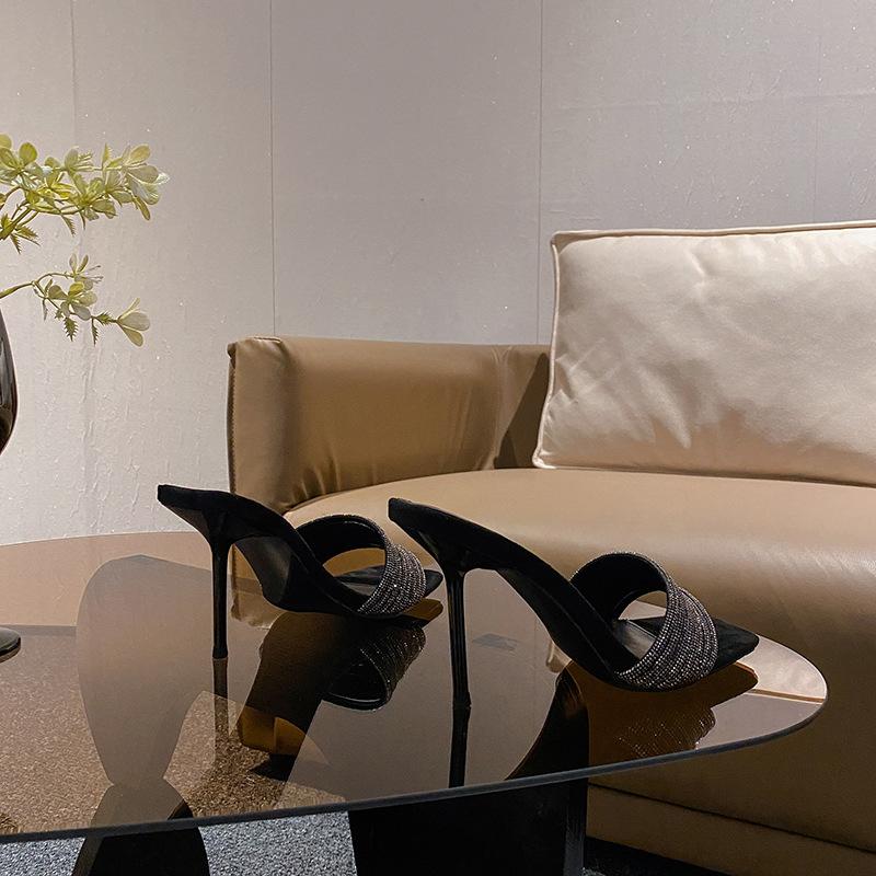 2025 summer new sandals thin heel rhinestone outer wear women sandals half drag poplar forest word with high heels women