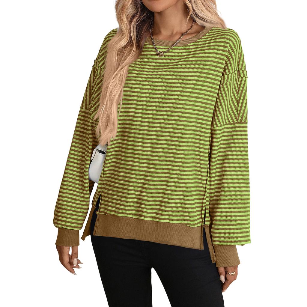 Women's Long Sleeve Striped Neck Sweatshirt, Casual Loose Fit Pullover