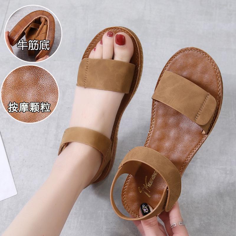 Beef Tendon Sole Sandals Flats 2025 Summer New Shoes Student Roman Shoes Beach Shoes Soft Sole One-word Women's Shoes