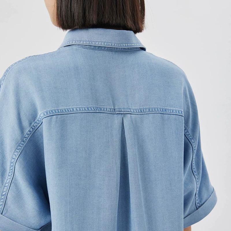 French Retro Temperament Short-sleeved Denim Shirt Women's Design Niche Blue Shirt Chic Top