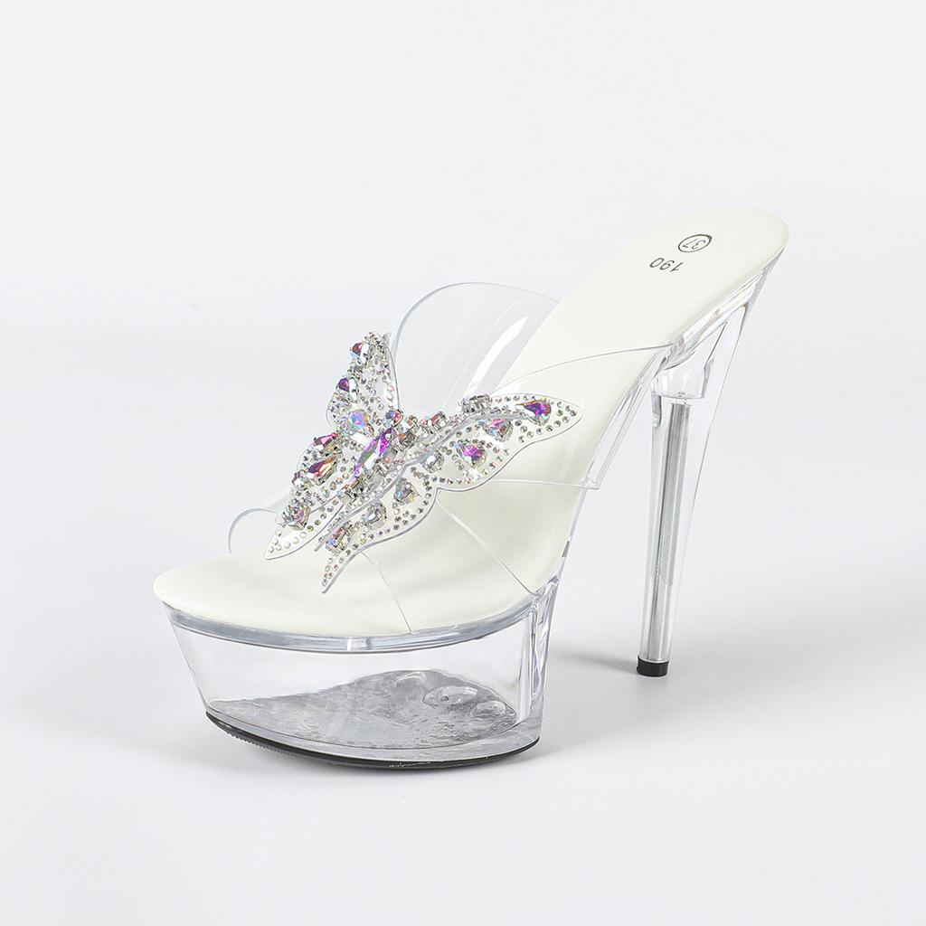 Rhinestone Sexy High Heel 15CM Thin Heel Waterproof Table Slippers Transparent Crystal Shoes Wedding Shoes Banquet High Heel